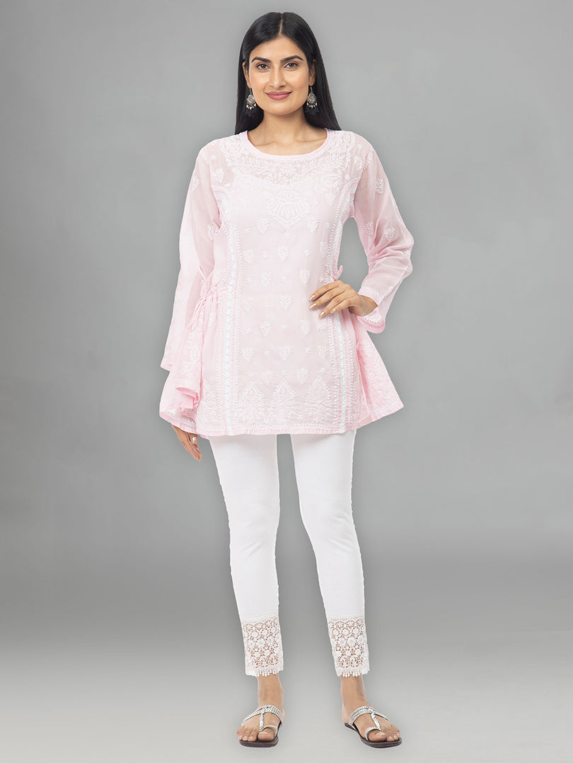 Seva Chikan Hand Embroidered Pink Cotton Lucknowi Chikankari Short Top-SCL2046