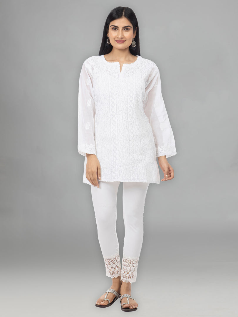 Seva Chikan Hand Embroidered White Cotton Lucknowi Chikan Top-SCL2193