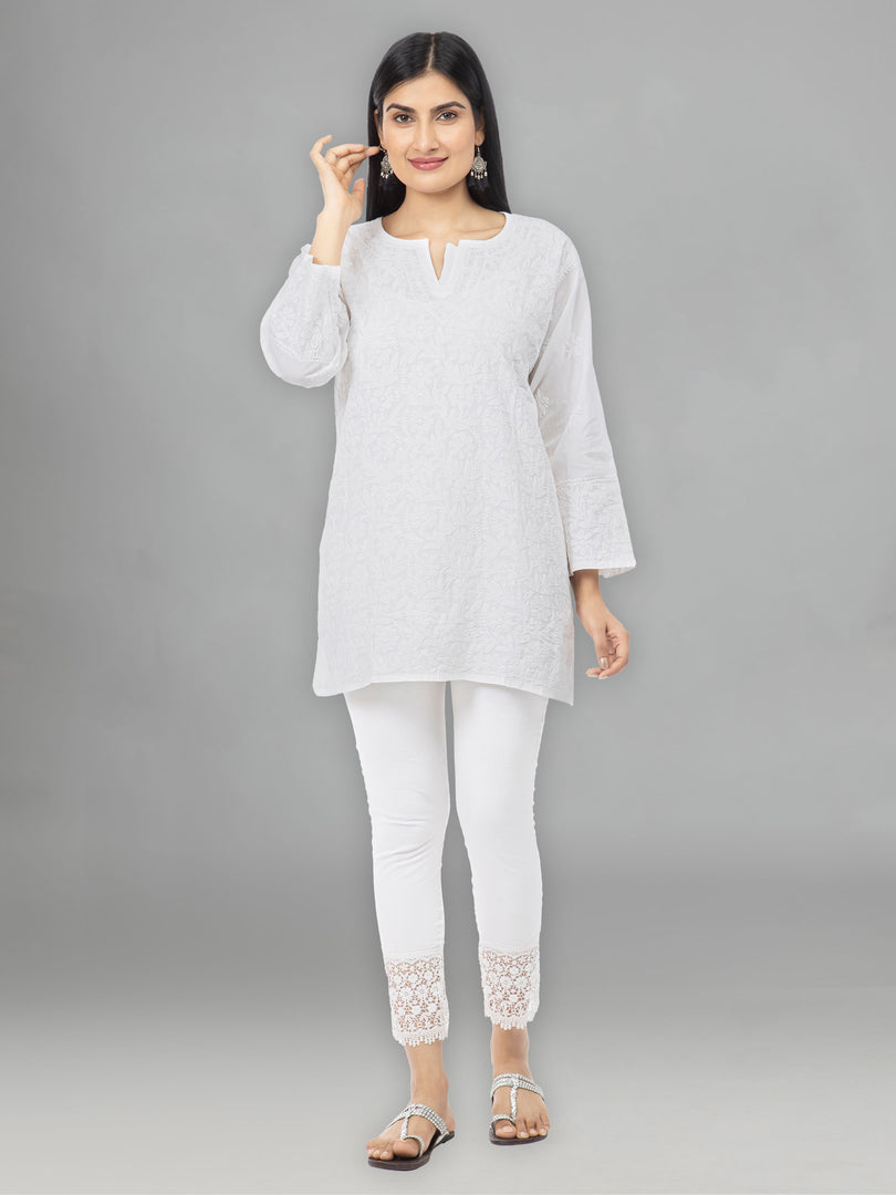 Seva Chikan Hand Embroidered White Cotton Lucknowi Chikan Top-SCL2196