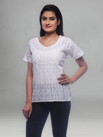 Load image into Gallery viewer, Seva Chikan Hand Embroidered White Cotton Lucknowi Chikankari Short Top-SCL0159