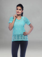 Load image into Gallery viewer, Seva Chikan Hand Embroidered Turquoise Georgette Lucknowi Chikankari Short Top- SCL0161