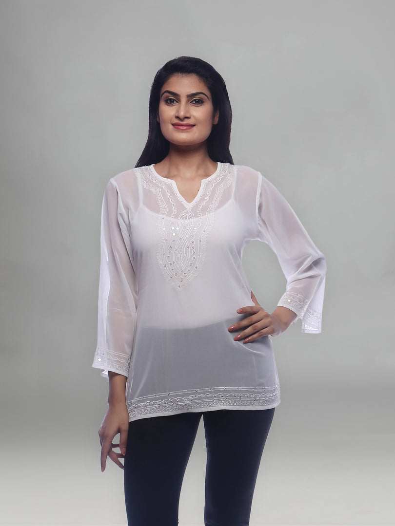Seva Chikan Hand Embroidered White Georgette Lucknowi Chikankari Short Top With Sequins Work-SCL0166
