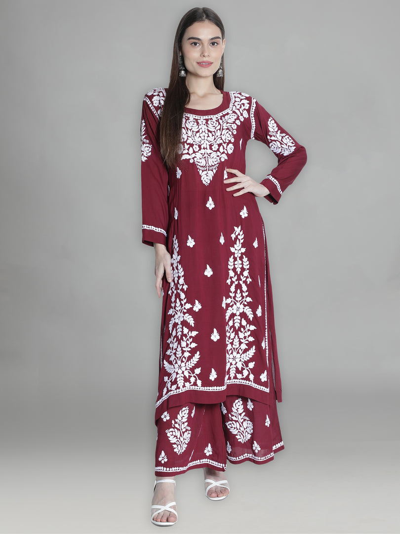 Seva Chikan Hand Embroidered Modal Cotton Chikankari Kurta With Palazzo