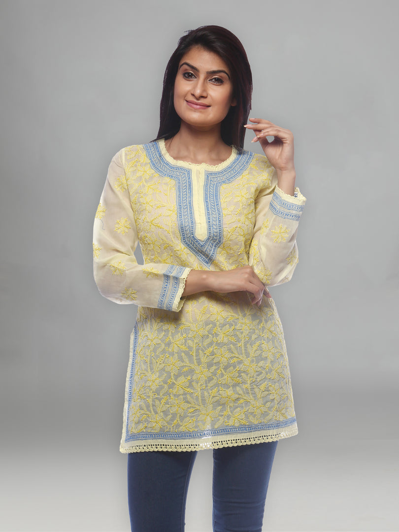 Seva Chikan Hand Embroidered Yellow Cotton Lucknowi Chikankari Short Top-SCL0177