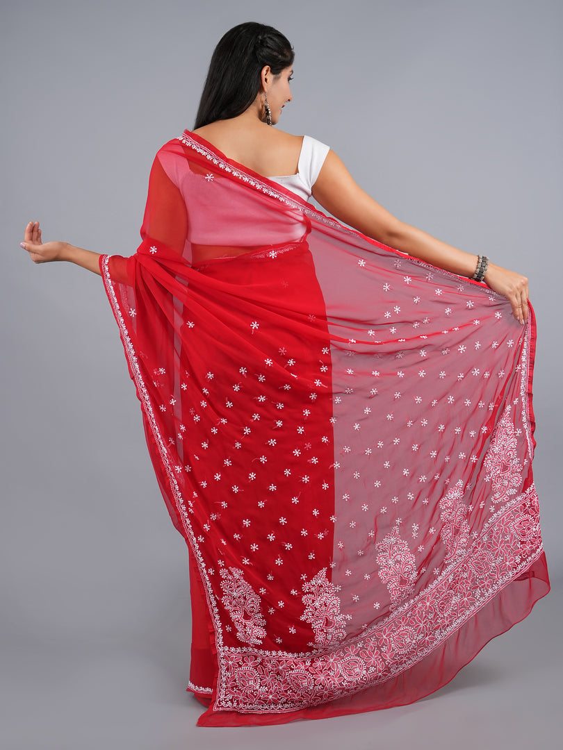 Seva Chikan Hand Embroidered Red Georgette Lucknowi Chikankari Saree- SCL6060