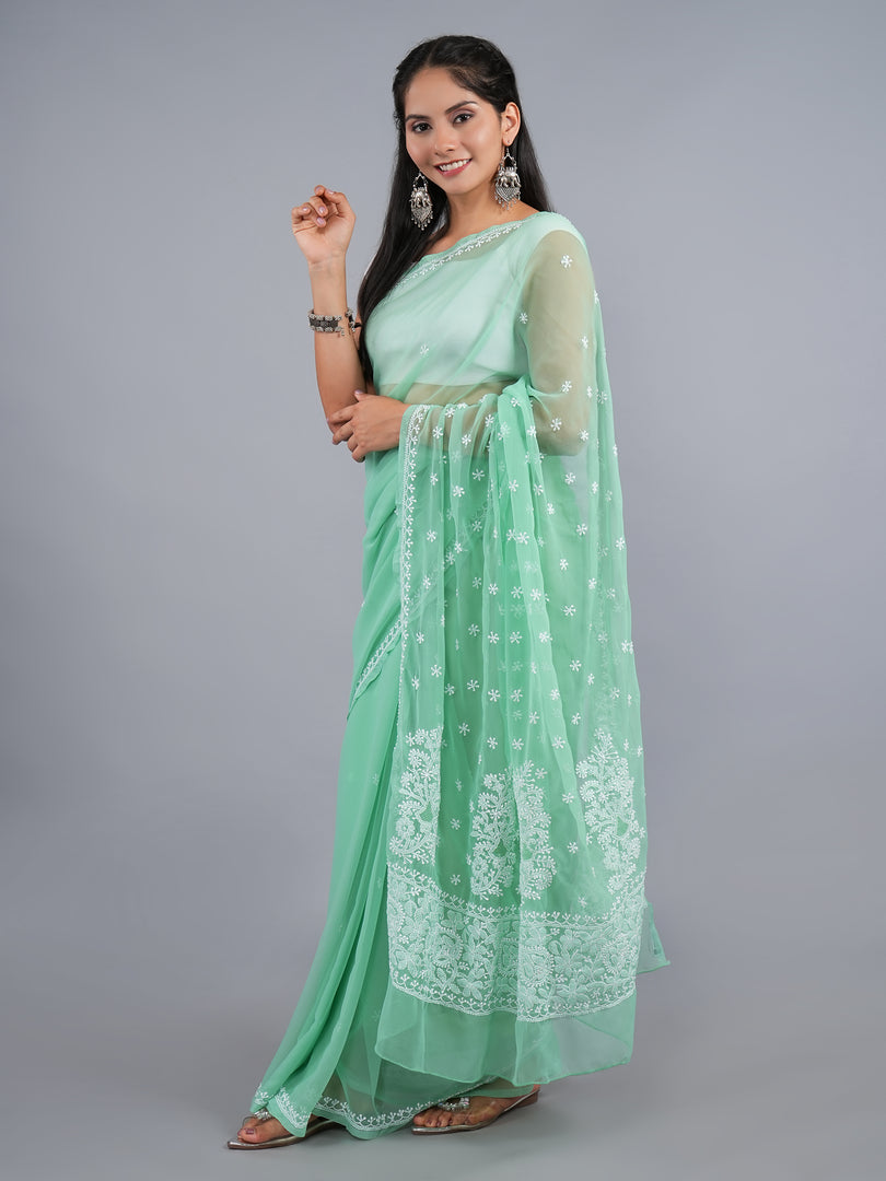 Seva Chikan Hand Embroidered Green Georgette Lucknowi Chikankari Saree- SCL6066