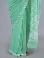 Load image into Gallery viewer, Seva Chikan Hand Embroidered Green Georgette Lucknowi Chikankari Saree- SCL6066
