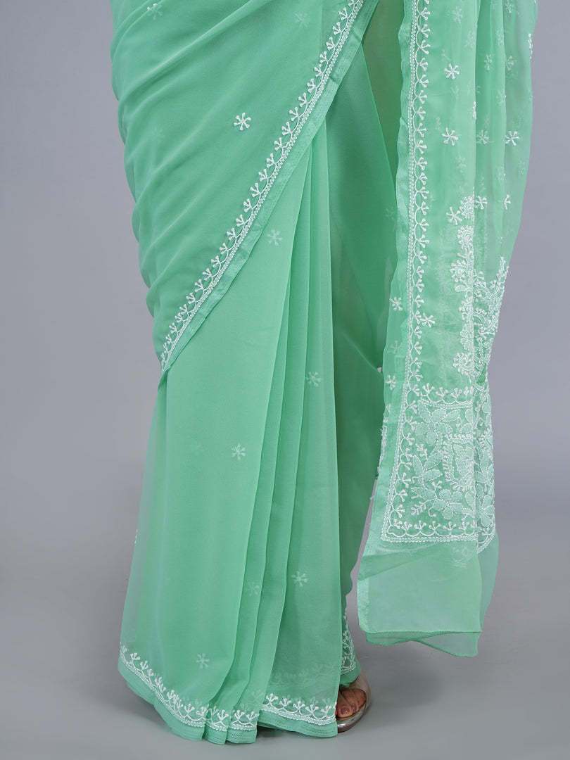 Seva Chikan Hand Embroidered Green Georgette Lucknowi Chikankari Saree- SCL6066