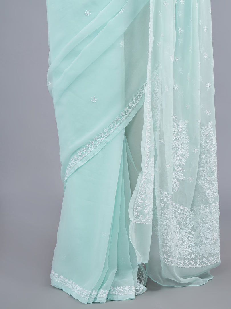 Seva Chikan Hand Embroidered Light Green Georgette Lucknowi Chikankari Saree- SCL6063