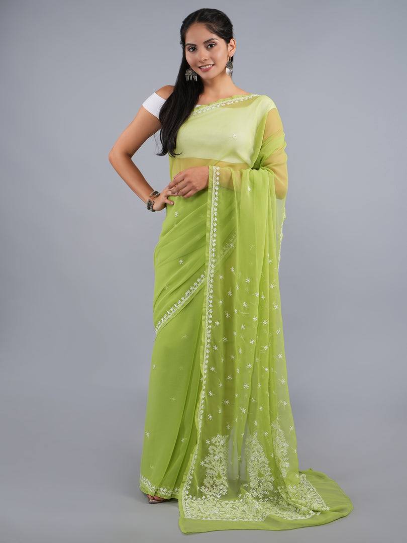 Seva Chikan Hand Embroidered Mehandi Green Georgette Lucknowi Chikankari Saree- SCL6068