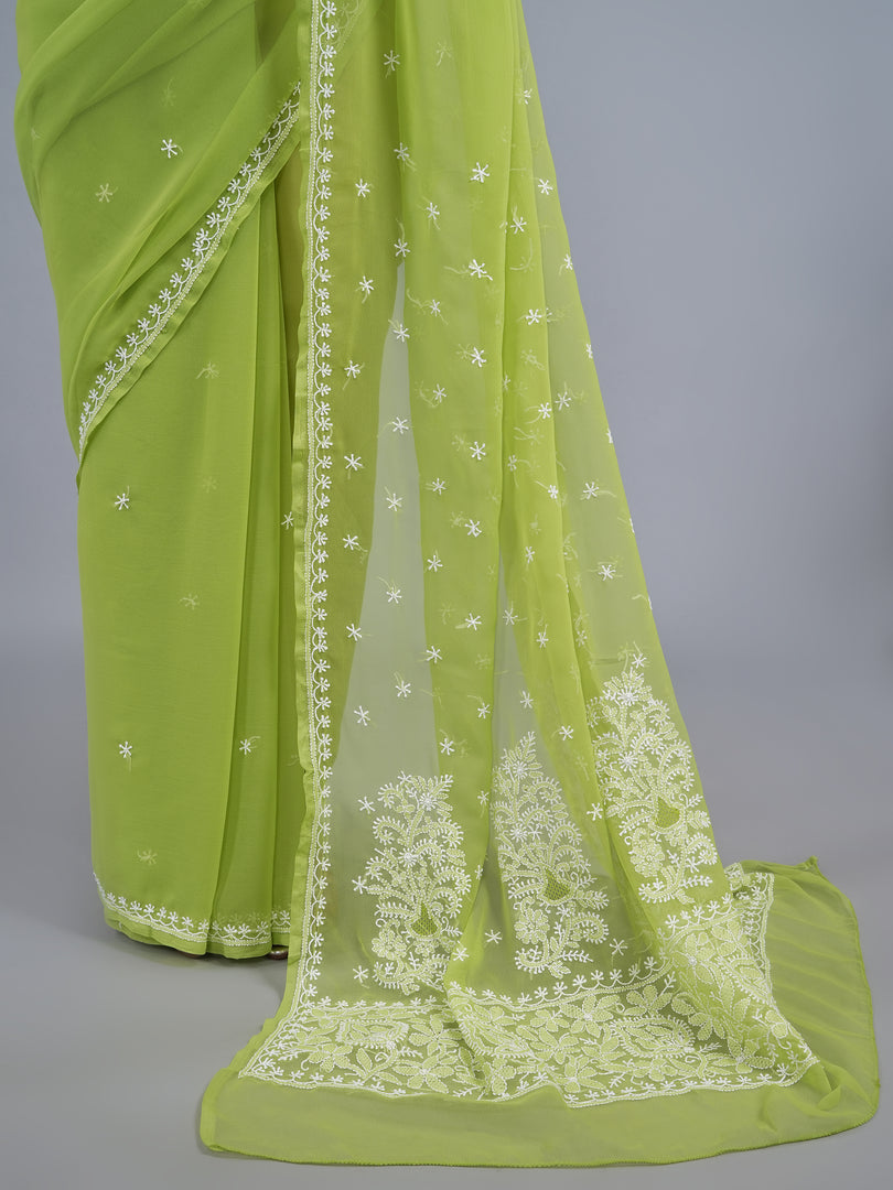 Seva Chikan Hand Embroidered Mehandi Green Georgette Lucknowi Chikankari Saree- SCL6068