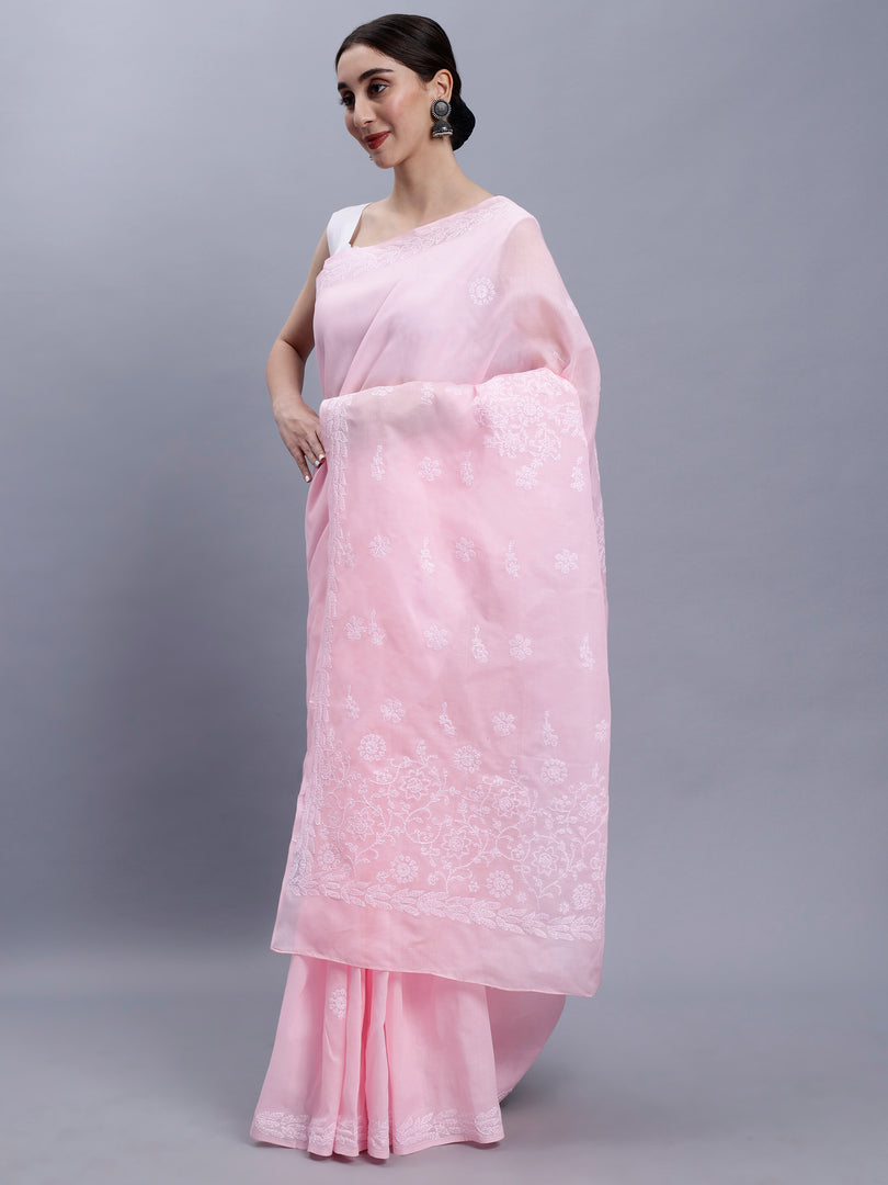 Seva Chikan Hand Embroidered Pink Terivoil Cotton Lucknowi Chikankari Saree- SCL6045