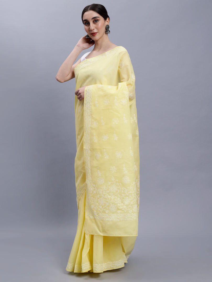 Seva Chikan Hand Embroidered Yellow Terivoil Cotton Lucknowi Chikankari Saree- SCL6046