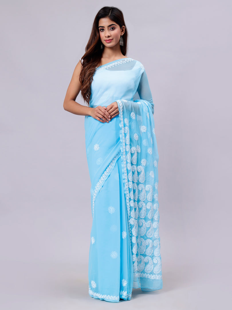 Seva Chikan Hand Embroidered Blue Georgette Lucknowi Chikankari Saree- SCL6052