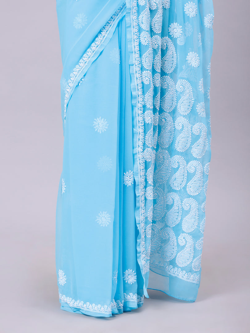 Seva Chikan Hand Embroidered Blue Georgette Lucknowi Chikankari Saree- SCL6052