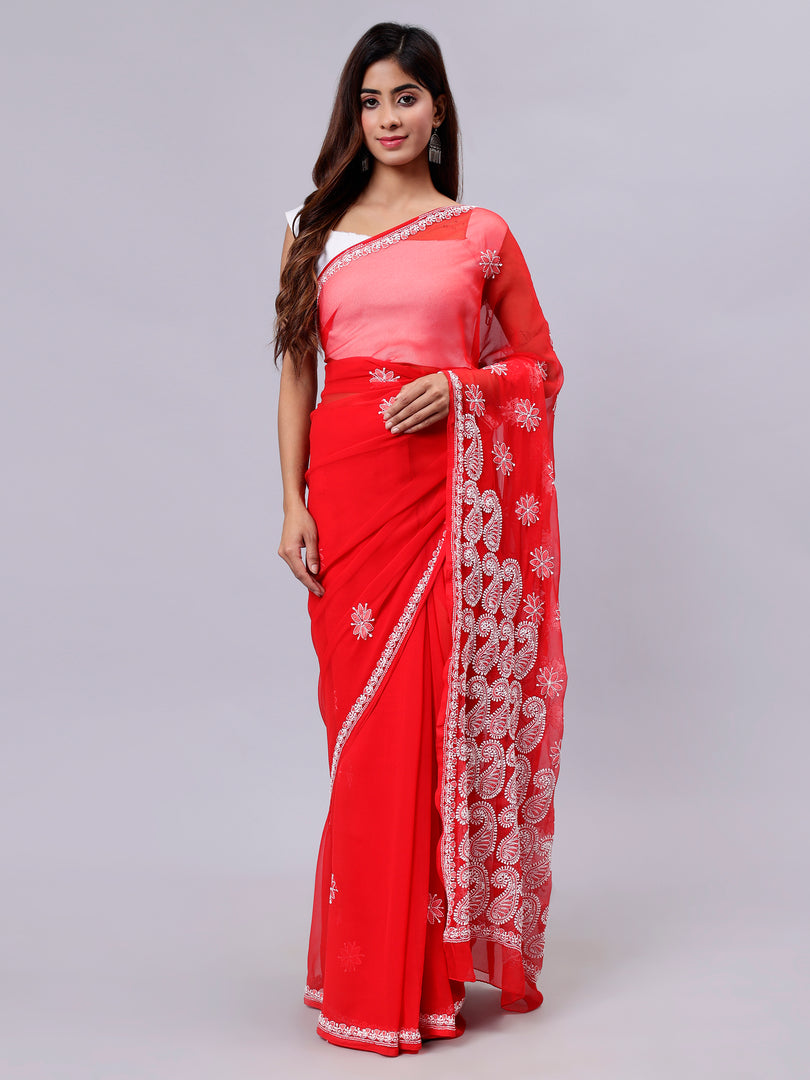 Seva Chikan Hand Embroidered Red Georgette Lucknowi Chikankari Saree- SCL6051