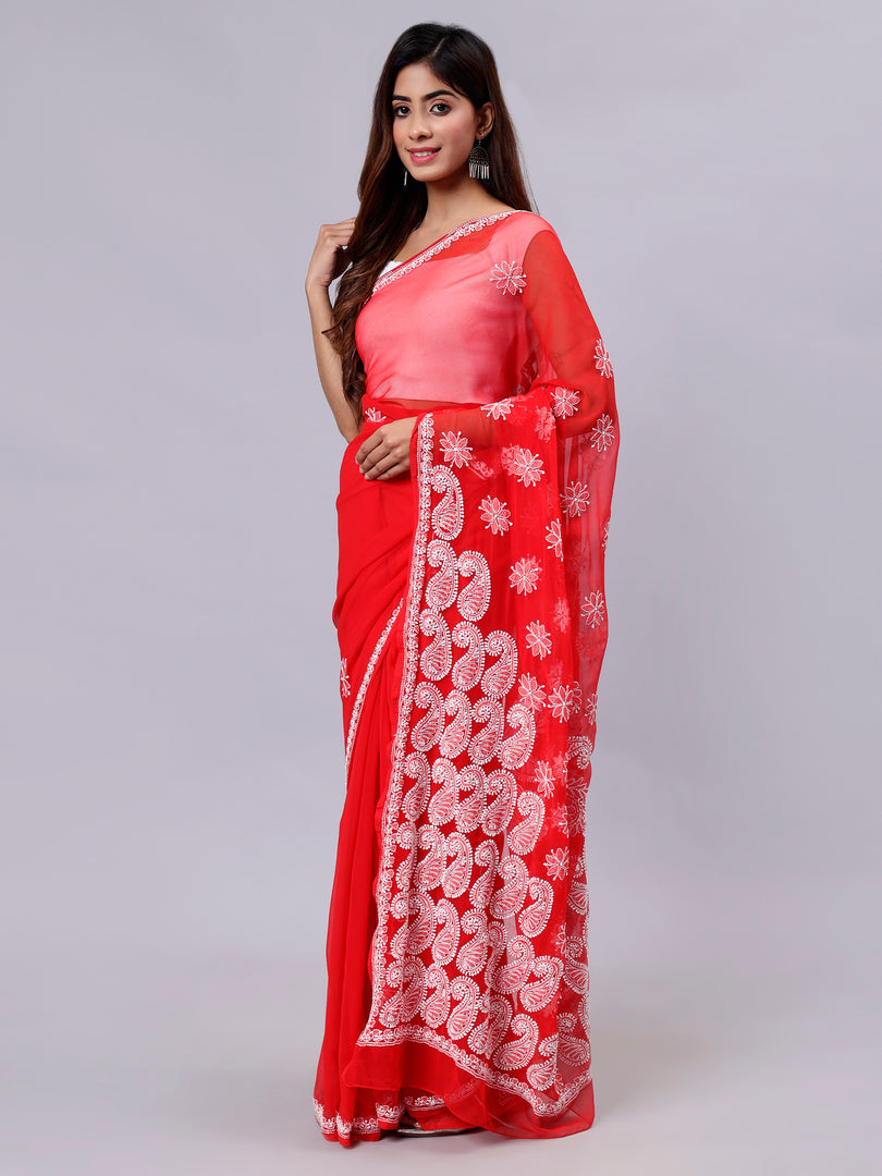 Seva Chikan Hand Embroidered Red Georgette Lucknowi Chikankari Saree- SCL6051