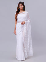 Load image into Gallery viewer, Seva Chikan Hand Embroidered White Georgette Lucknowi Chikankari Saree- SCL6050
