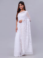 Load image into Gallery viewer, Seva Chikan Hand Embroidered White Georgette Lucknowi Chikankari Saree- SCL6050