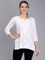 Load image into Gallery viewer, Seva Chikan Hand Embroidered White Cotton Lucknowi Chikankari Top SCL9101