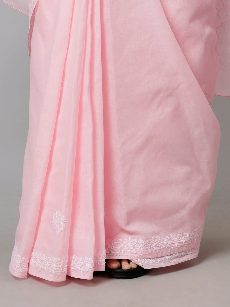 Seva Chikan Hand Embroidered Pink Terivoil Cotton Lucknowi Chikankari Saree- SCL6056