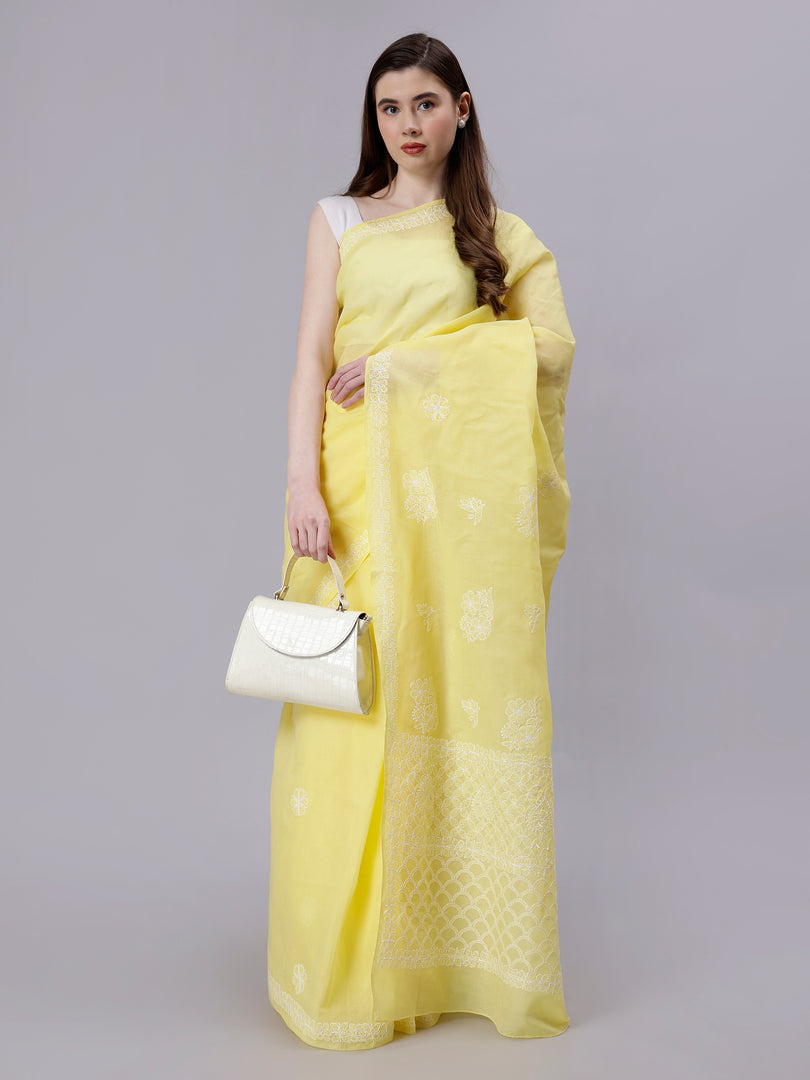 Seva Chikan Hand Embroidered Yellow Terivoil Cotton Lucknowi Chikankari Saree- SCL6057