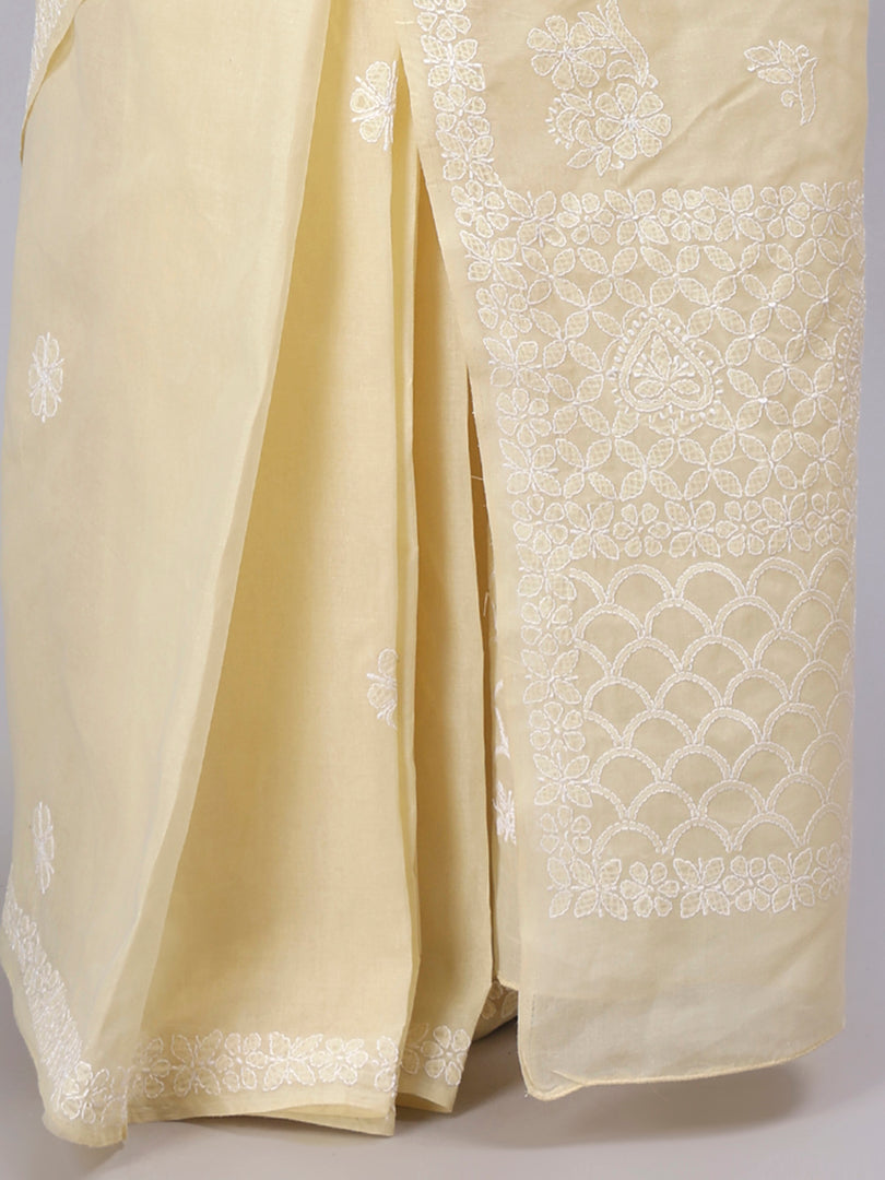 Seva Chikan Hand Embroidered Beige Terivoil Cotton Lucknowi Chikankari Saree- SCL6055