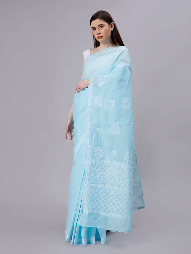 Seva Chikan Hand Embroidered Blue Terivoil Cotton Lucknowi Chikankari Saree- SCL6058