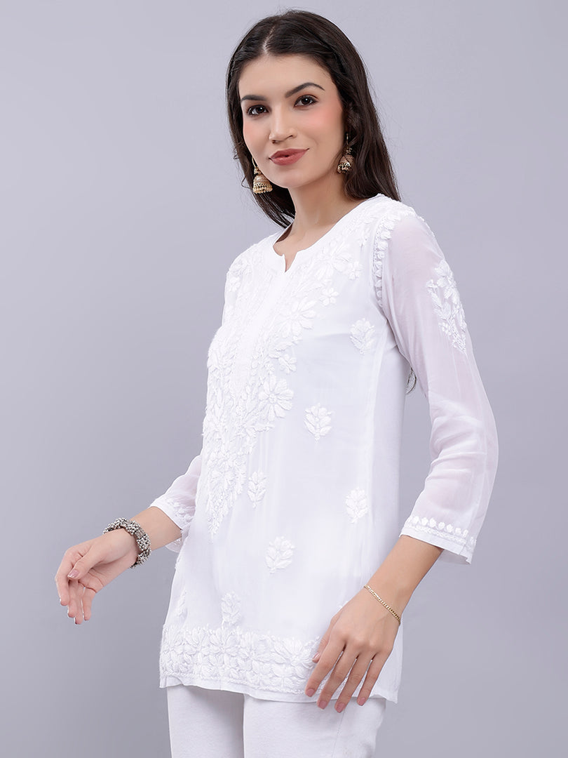 Seva Chikan Hand Embroidered White Crepe Lucknowi Chikankari Top With Inner SCL9107