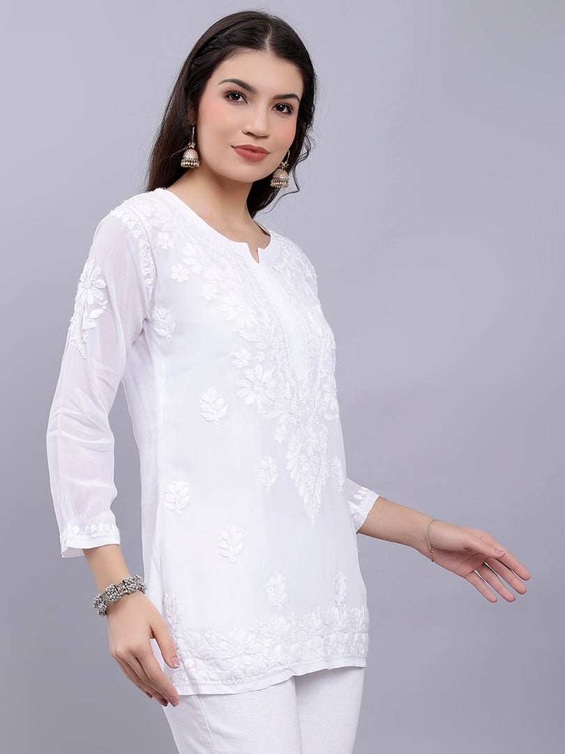 Seva Chikan Hand Embroidered White Crepe Lucknowi Chikankari Top With Inner SCL9107
