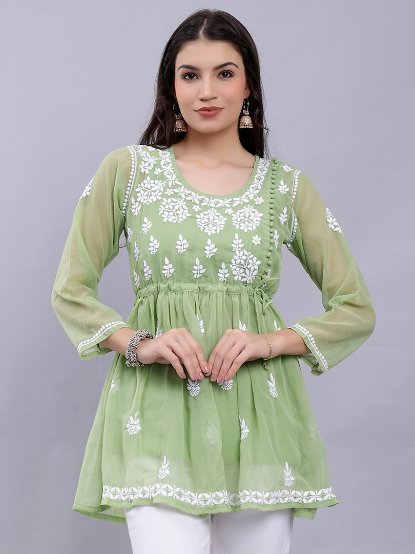 Seva Chikan Hand Embroidered Georgette Lucknowi Chikankari Top With Slip