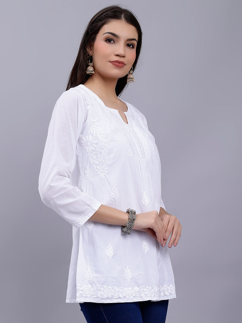 Seva Chikan Hand Embroidered White Cotton Lucknowi Chikankari Top SCL9106