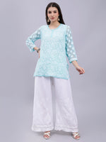 Load image into Gallery viewer, Seva Chikan Hand Embroidered Lucknowi Chikankari Sea Green Georgette Top and White Palazzo Set for Women SCL8035