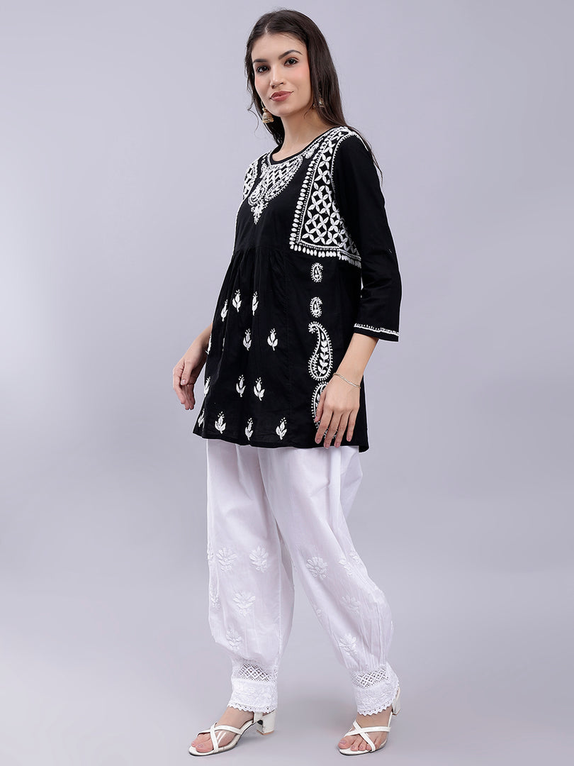 Seva Chikan Hand Embroidered Lucknowi Chikankari Black Cotton Top and White Afghani Salwar Set for Women SCL8032