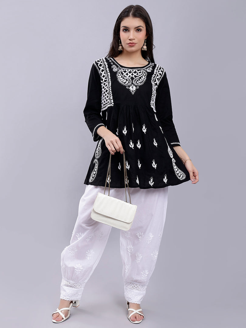 Seva Chikan Hand Embroidered Lucknowi Chikankari Black Cotton Top and White Afghani Salwar Set for Women SCL8032