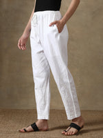 Load image into Gallery viewer, Seva Chikan Hand Embroidered White Lycra Lucknawi Chikankari Pant-SCL11014