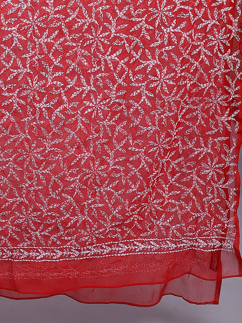 Seva Chikan Hand Embroidered Lucknowi Chikankari Red Georgette Tepchi Work Dupatta-SCL12014