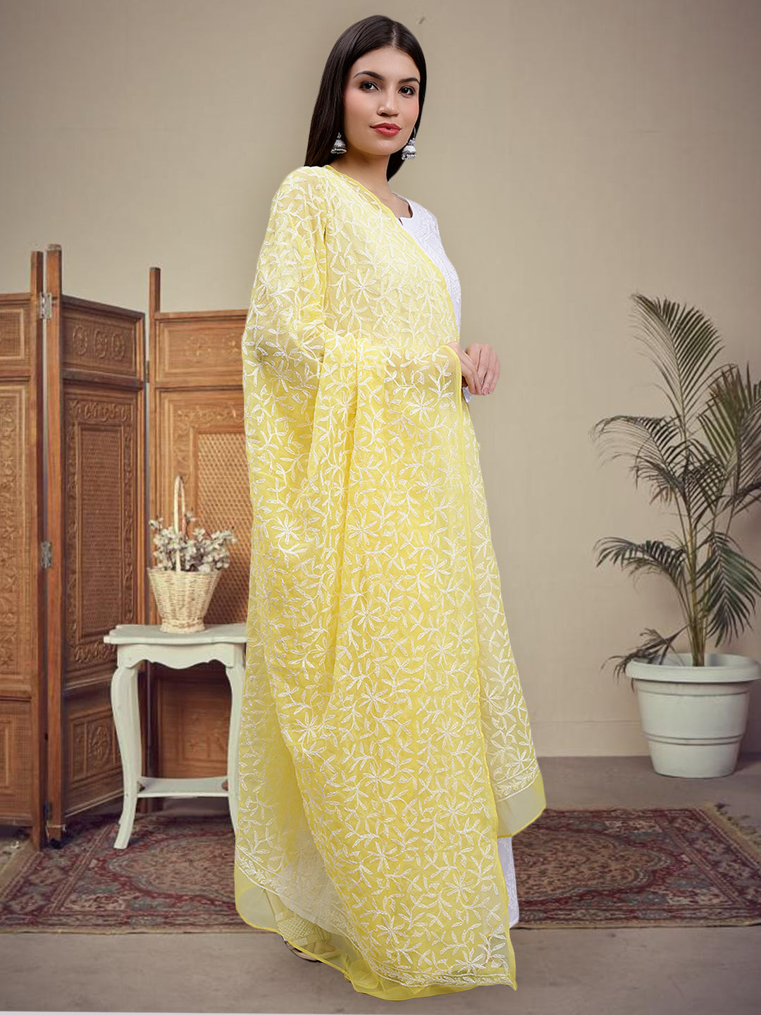 Chikan White And Mehndi with dupatta
