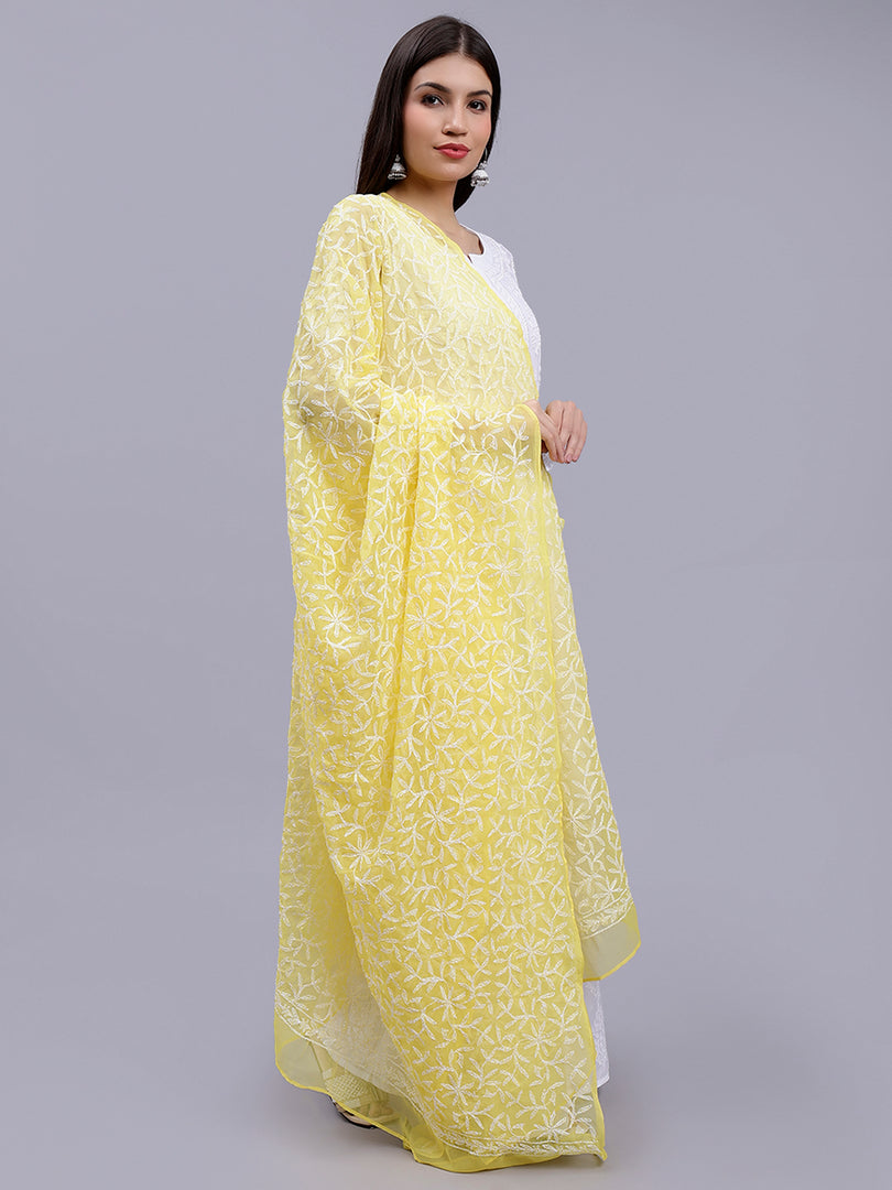 Seva Chikan Hand Embroidered Lucknowi Chikankari Yellow Georgette Tepchi Work Dupatta-SCL12015