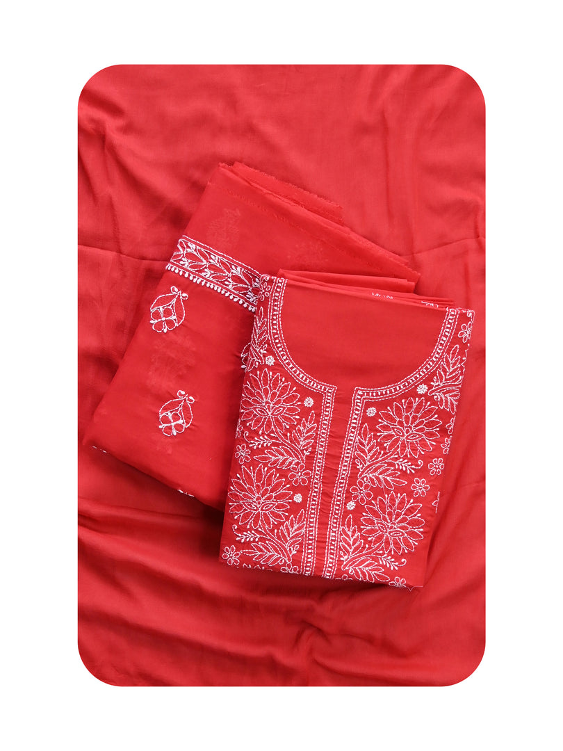 Seva Chikan Hand Embroidered Red Cotton Lucknowi Chikankari Unstitched Suit Piece-SCL13049