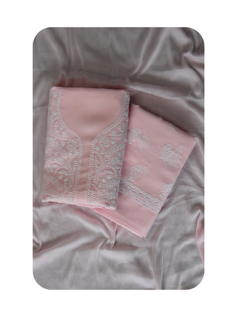 Seva Chikan Hand Embroidered Pink Cotton Lucknowi Chikankari Unstitched Suit Piece-SCL13050