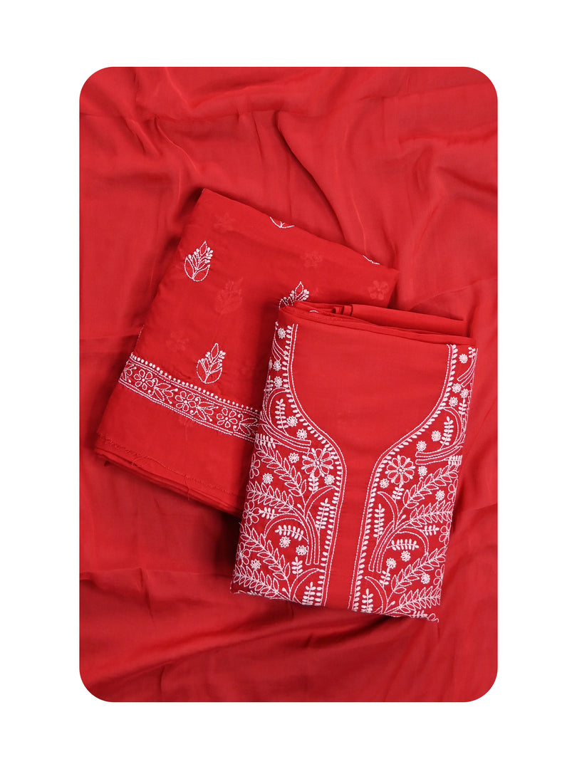 Seva Chikan Hand Embroidered Red Cotton Lucknowi Chikankari Unstitched Suit Piece-SCL13052