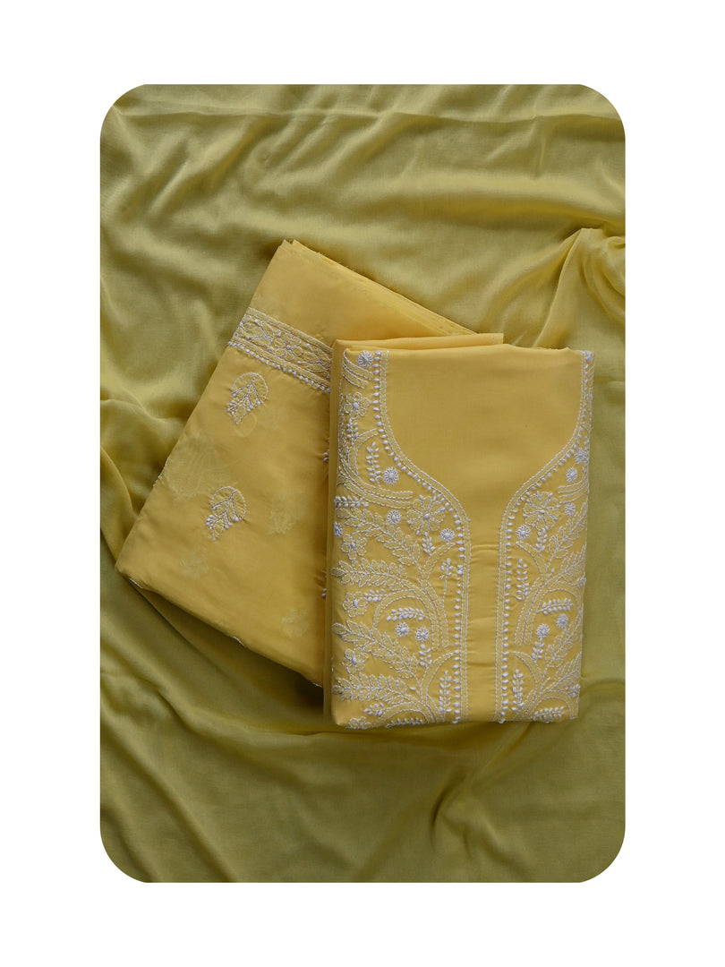 Seva Chikan Hand Embroidered Yellow Cotton Lucknowi Chikankari Unstitched Suit Piece-SCL13053