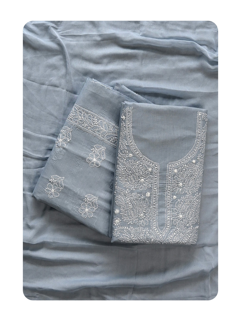 Seva Chikan Hand Embroidered Grey Cotton Lucknowi Chikankari Unstitched Suit Piece-SCL13056