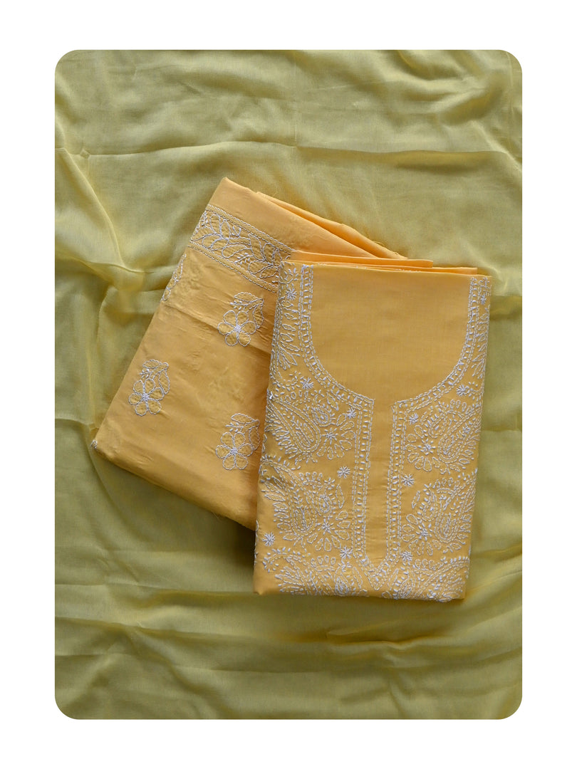 Seva Chikan Hand Embroidered Yellow Cotton Lucknowi Chikankari Unstitched Suit Piece-SCL13058