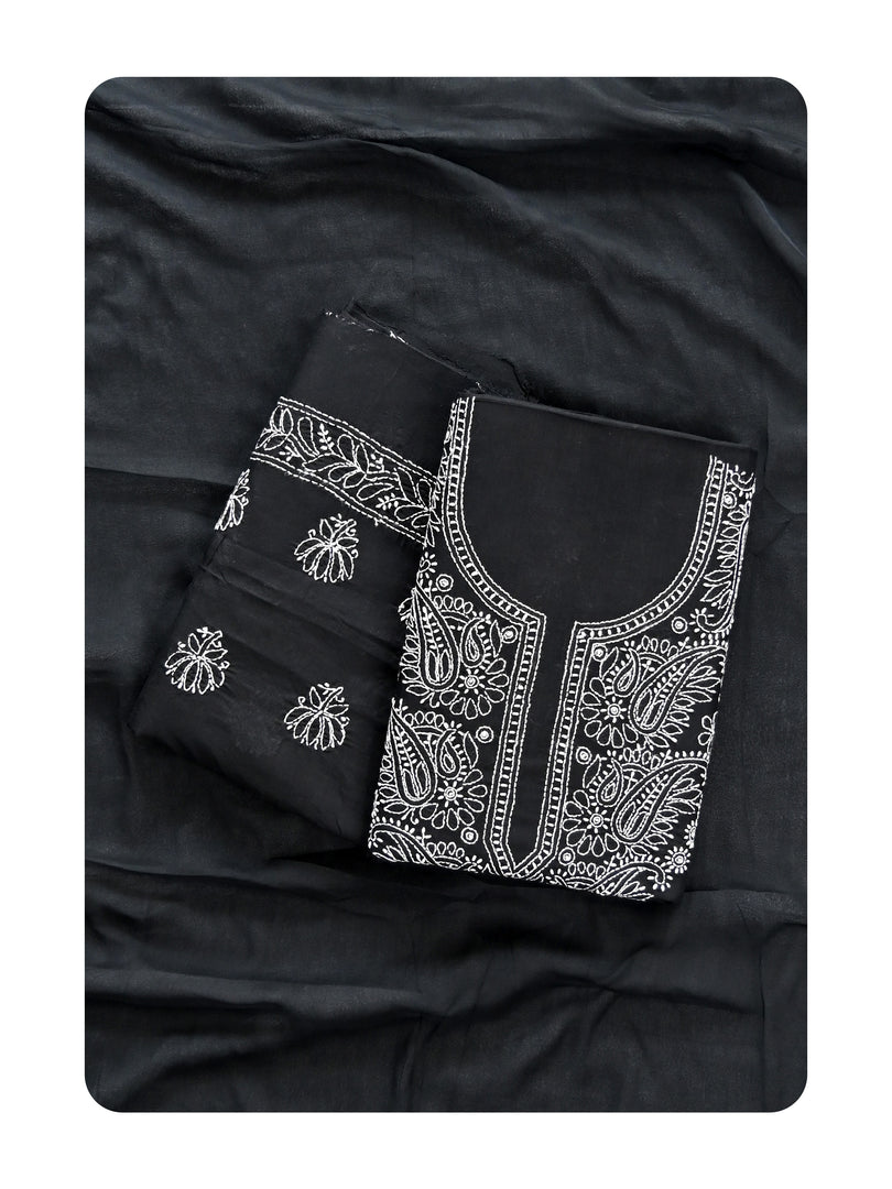 Seva Chikan Hand Embroidered Black Cotton Lucknowi Chikankari Unstitched Suit Piece-SCL13061