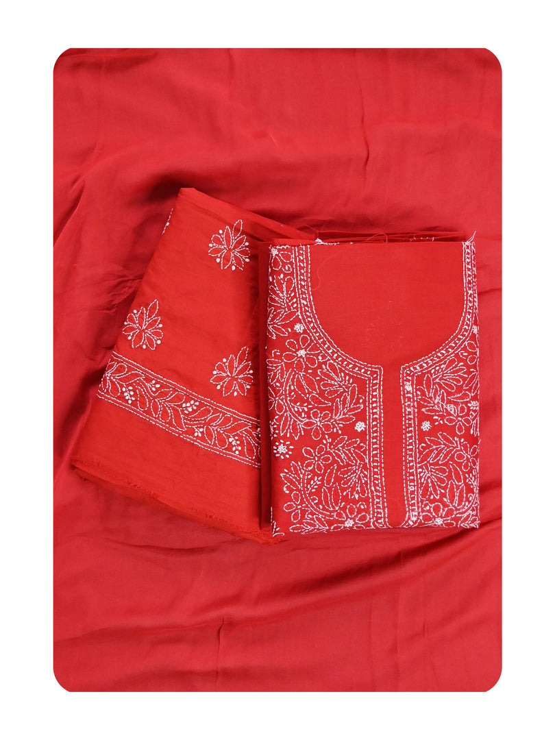 Seva Chikan Hand Embroidered Red Cotton Lucknowi Chikankari Unstitched Suit Piece-SCL13065