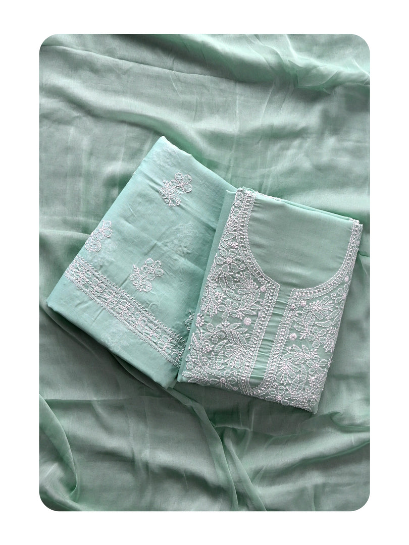 Seva Chikan Hand Embroidered Sage Green Cotton Lucknowi Chikankari Unstitched Suit Piece-SCL13066