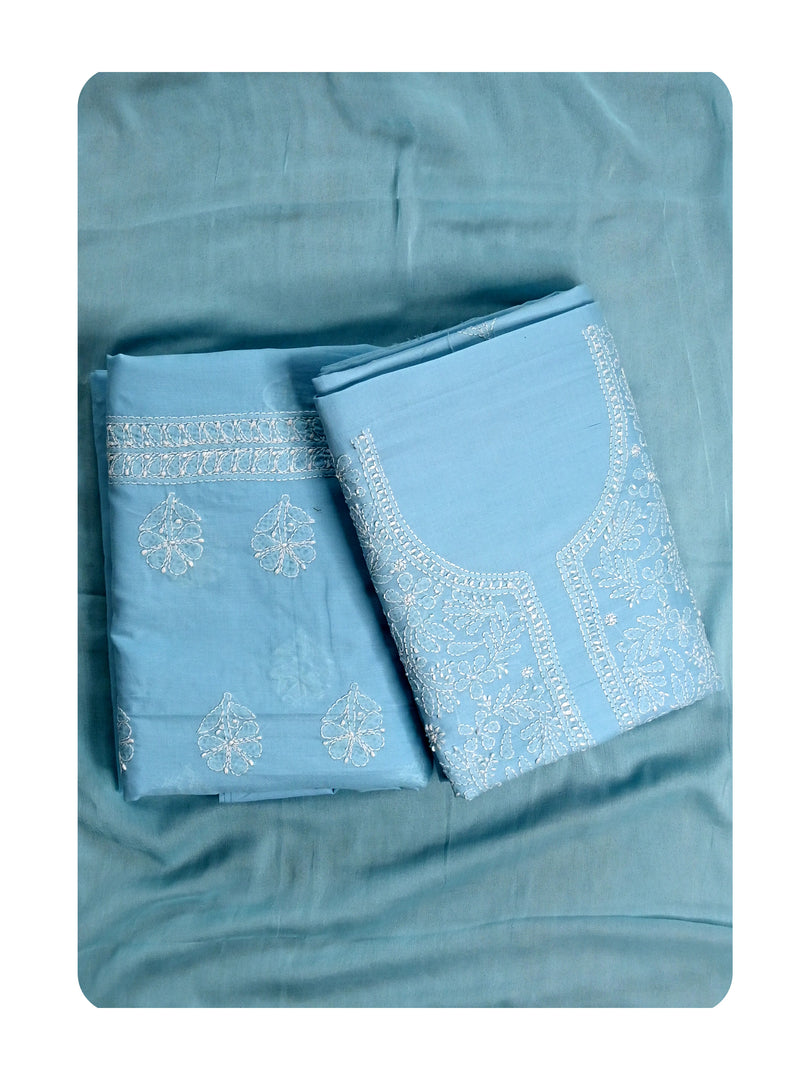 Seva Chikan Hand Embroidered Blue Cotton Lucknowi Chikankari Unstitched Suit Piece-SCL13067