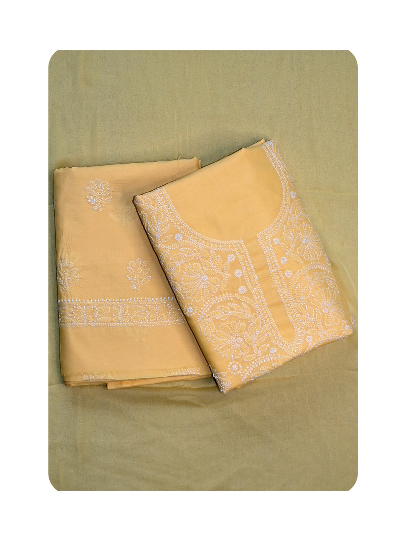 Seva Chikan Hand Embroidered Yellow Cotton Lucknowi Chikankari Unstitched Suit Piece-SCL13076